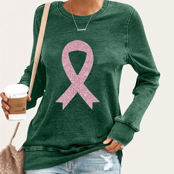 Pink Ribbon Breast Cancer Awareness Shirts for Women Causal Ribbon Print Graphic Tees Long Sleeve Crewneck Sweatshirt Green L
