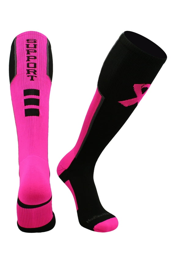 Pink Ribbon Breast Cancer Awareness Support OTC Socks (Black/Neon Pink/Graphite, Large)