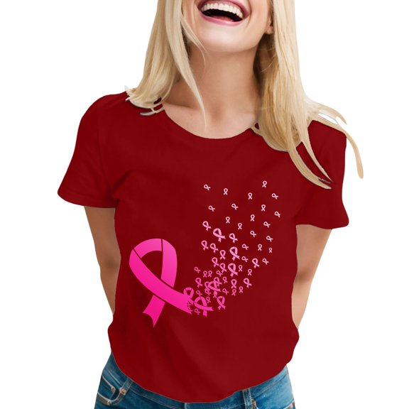 Pink Ribbon Cancer Awareness T-Shirt Ribbon Graphic Print Tee Inspirational Cancer Tops Inspirational Care Gifts Short Sleeve Tops (Red, XL)