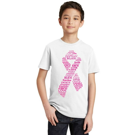 Pink Ribbon Breast Cancer Awareness Youth T-shirt, Youth XL, White