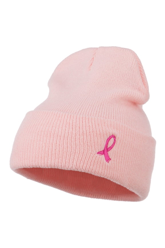Pink Ribbon Breast Cancer Embroidered Long Beanie - Pink OSFM