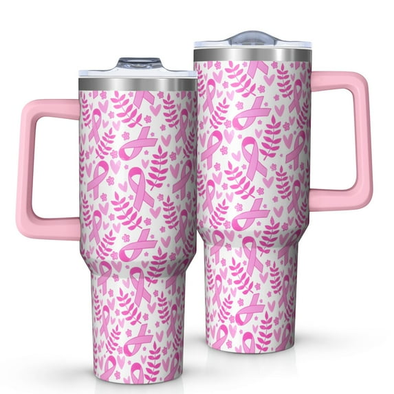 Pink Ribbon Breast Cancer Pattern Tumbler with Handle and Lid,40oz Double Wall Vacuum Insulated Tumbler,Cups Gift for Women and Men