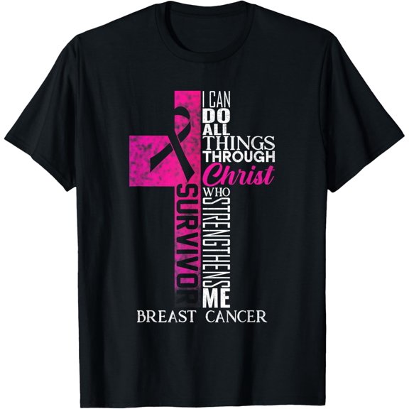 Pink Ribbon Breast Cancer Survivor Christian Cross T-ShirtMen and women, Black T-shirt, size: Extra large