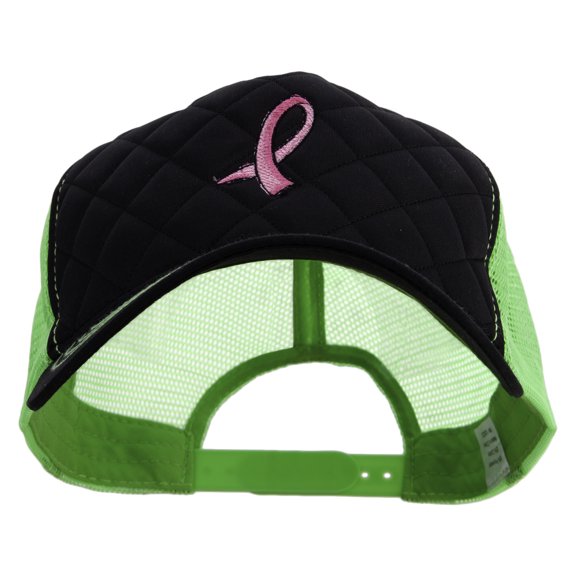 Pink Ribbon Breast Cancer Symbol Embroidered Quilted Trucker Two Tone Neon Mesh Big Size Cap - Black Neon Green XL-3XL