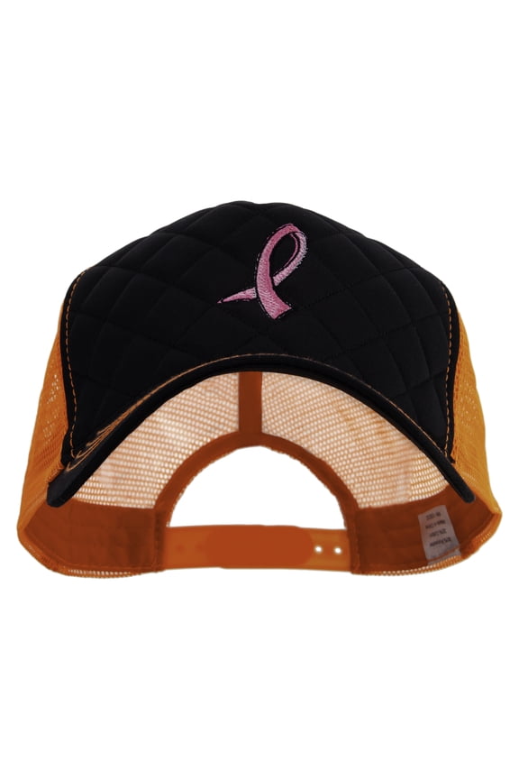 Pink Ribbon Breast Cancer Symbol Embroidered Quilted Trucker Two Tone Neon Mesh Big Size Cap - Black Neon Orange XL-3XL