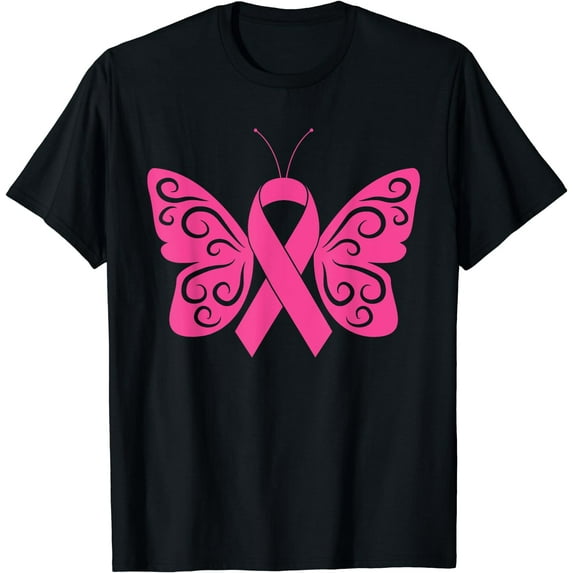 Pink Ribbon Butterfly Breast Cancer Awareness Support Womens T-Shirt