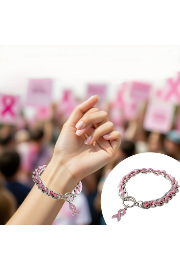 Pink Ribbon Charity Bracelet - Breast Cancer Awareness Jewelry, Alloy Chain Woven with Heart Rhinestones, Meaningful Encouragement Gift