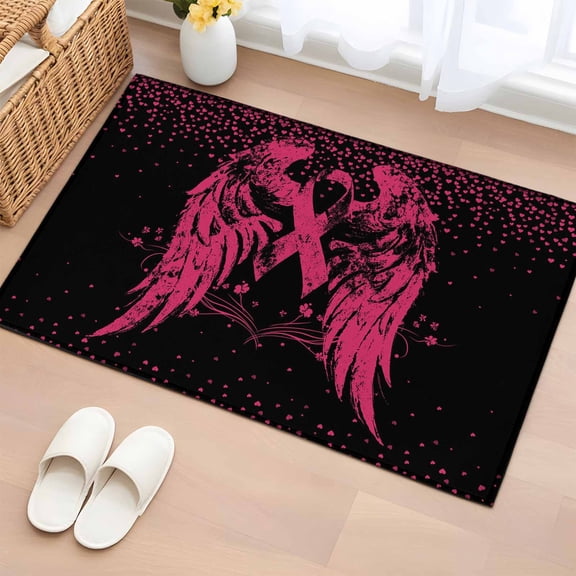Pink Ribbon Entryway Rug 2'x3'&nbsp; Non Slip Front Door Mats, Wings Romantic Love Heart Flowers Black Entrance Rugs Indoor Outdoor Carpet, Washable Floor Mats Small Area Rug for Bedroom Kitchen