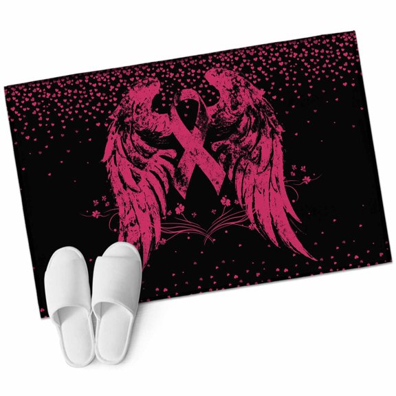 Pink Ribbon Entryway Rug 2x3 Area Rug Washable Indoor Doormat Small Bathroom Rugs Non-Slip Low Pile Accent Throw Rugs Wings Romantic Love Heart Flowers Black Floor Carpet for Kitchen Bedroom Entrance