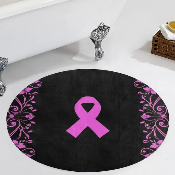 Pink Ribbon Floral Frame Round Area Rugs for Bedroom Living Room, 2FT Soft Comfy Indoor Circle Carpets, Carpet Home Decor Floor Mat
