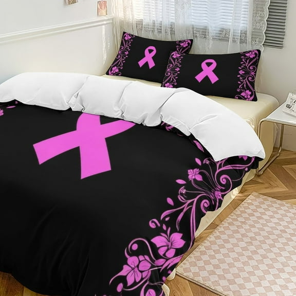 Pink Ribbon Floral Frame Set Duvet Cover Themed Multicolor Polyester Bedding Set Duvet Cover for Queen Size