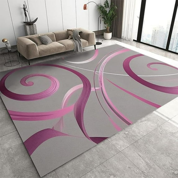 Pink Ribbon Gray Area Rug, Pink Art Geometry Soft Washable Carpet, Indoor Decorative Rug With Non-Slip Backing For Living Room Bedroom 5x6ft