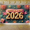 thumbnail image 1 of Pink Ribbon Happy New Year Banner Gold Letters 2026 Banner Fireworks Design Star Pattern Festive Banner for New Year Party Family Gathering Holiday Decoration, 1 of 9