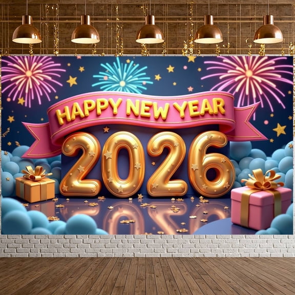 Pink Ribbon Happy New Year Banner Golden Stars New Year Banner Fireworks Design Gift Box Decor Celebration Banner for New Year Party Holiday Celebration Indoor Decoration