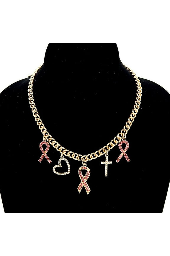 Pink Ribbon Heart Cross Charm Chain Necklace - Gold-Pink