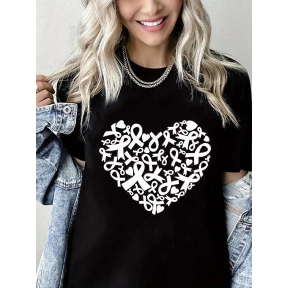 Pink Ribbon Heart Print Breast Cancer Short Sleeve Shirt for Women