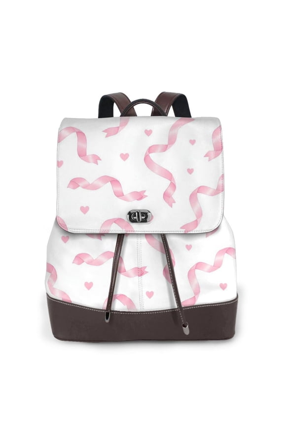 Pink Ribbon Heart Women's Leather Backpack All-Over Print Bag for Work and Travel