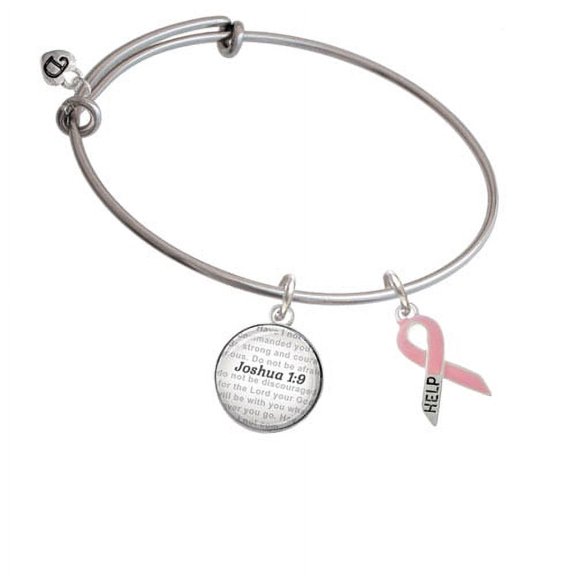 Pink Ribbon ''Help'' - Bible Verse Joshua 1:9 Glass Dome Bangle Bracelet