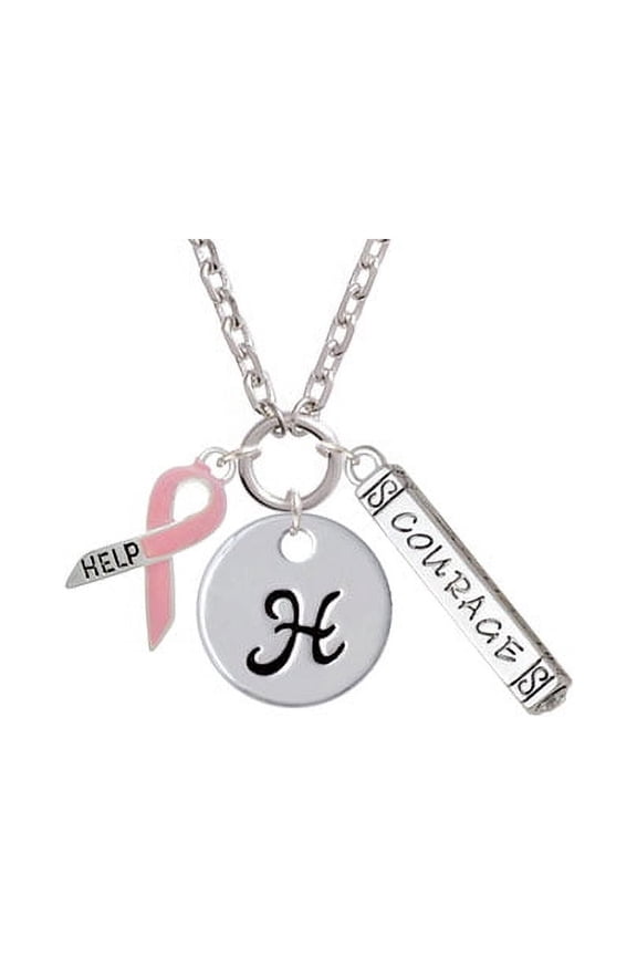 Pink Ribbon ''Help'' - H - Script Initial Disc Courage Strength Wisdom Zoe Necklace