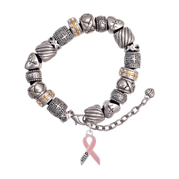 Pink Ribbon ''Help'' Silver Tone Christian Bead Bracelet
