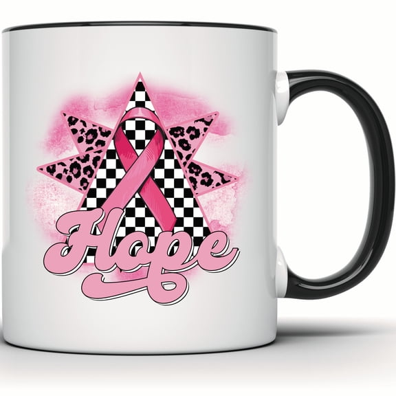 Pink Ribbon Hope Mug, Breast Cancer Awareness Mug, Leopard Checkered Coffee Cup, Fight Like A Girl, Support Survivor Gift - 11 Ounce Black Rim Handle Novelty Coffee Cup - WMUG1912-BLK