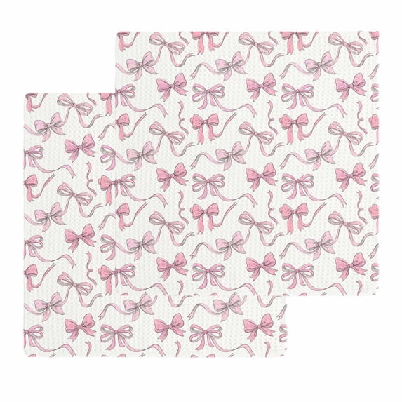 Pink Ribbon Kitchen Dish Towels for Drying Dishes Set of 2, Modern Abstract String Geometric Bows Beige Waffle Weave Microfiber Hand Tea Bathroom Towels Quick Dry & Absorbent Towel 12x12