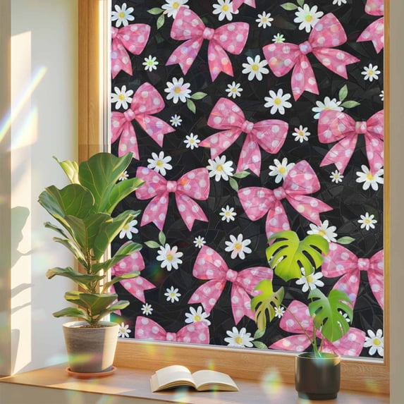 Rustic White Ribbon Pink Ribbon Knots Window Privacy Film, White Daisy Flowers Green Leaf ...