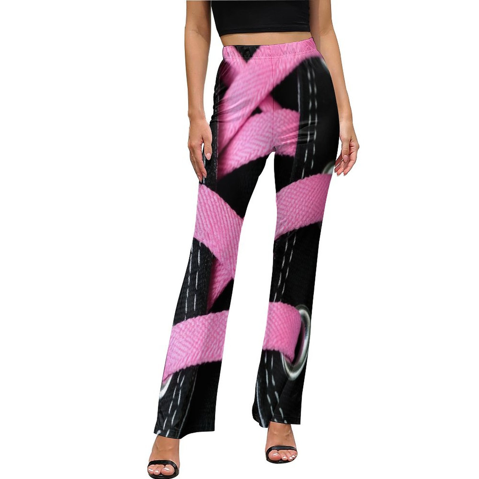 Pink Ribbon Lace Pattern High Waisted Casual Flared Trousers Summer ...