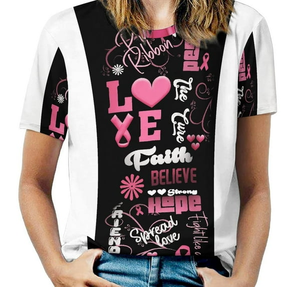 Pink Ribbon Love Faith Hope Women's Short Sleeve T-Shirt Crew Neck Casual Summer Trendy Loose Fit Tops