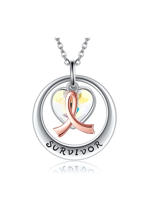 Pink Ribbon Necklace Sterling Silver Breast Cancer Awareness Crystal Pendant Jewelry Survivor Gifts for Women