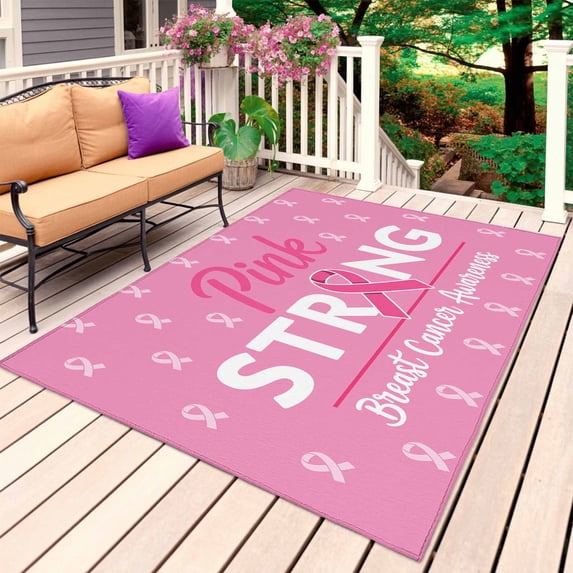 Pink Ribbon Outdoor Rug 3x5 Ft, Non Slip Washable Area Rug, Breast Cancer Awareness String Symbol Patio Rugs Carpet Runner, Large Floor Mat for Indoor/Outdoor Deck Porch Camping