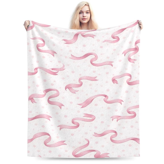 Pink Ribbon Pattern Throw Blanket, Soft Lightweight Flannel Fleece Blanket for Sofa Couch Bed, Cute Aesthetic Polka Dot Decorative Blanket, All-Season Home Use 50x40