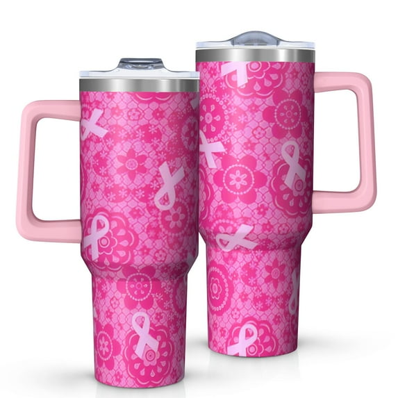 Pink Ribbon Pattern Tumbler with Handle and Lid,40oz Double Wall Vacuum Insulated Tumbler,Cups Gift for Women and Men