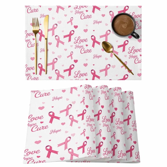 Pink Ribbon Placemats Set of 6, Love Heart Vintage Preppy Placemats for Dining Table, Place Mats for Kitchen Tabletop, Waterproof Wipeable Dining Table Mats Set