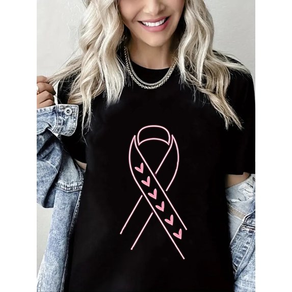 Pink Ribbon Print Breast Cancer Short Sleeve Shirt for Women