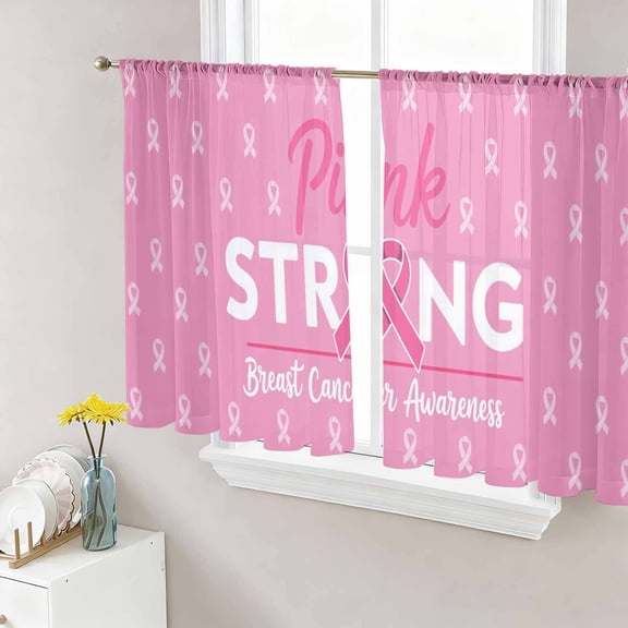 Pink Ribbon Sheer Curtains 45 Inch Length 2 Panels for Living Room, Breast Cancer Awareness String Symbol Voile Kitchen Curtain Set, Luxury Privacy Drapes Window Treatment for Bedroom