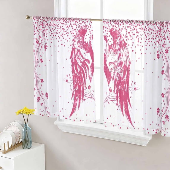 Pink Ribbon Sheer Curtains 45 Inch Length 2 Panels for Living Room, Wings Romantic Love Heart Flowers Vintage Voile Kitchen Curtain Set, Luxury Privacy Drapes Window Treatment for Bedroom