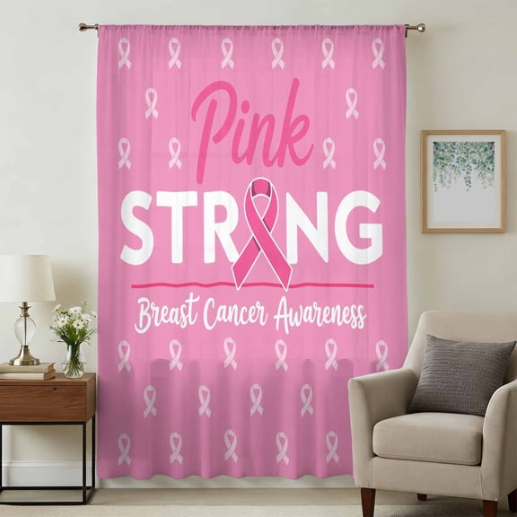 Pink Ribbon Sheer Curtains 54 Inches Long, Breast Cancer Awareness String Symbol Light Filering Curtains, Breathable Simi Curtain Privacy Drapes for Kitchen Bathroom Small Window Treatment