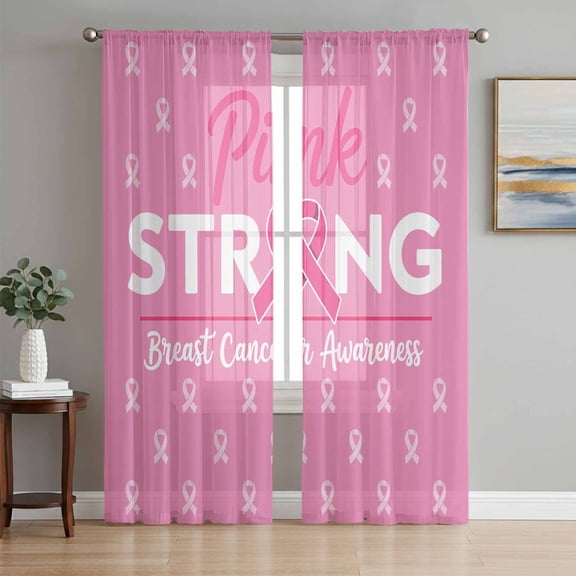 Pink Ribbon Sheer Curtains 84 Inch Length 2 Panels for Living Room, Breast Cancer Awareness String Symbol Voile Kitchen Curtain Set, Luxury Privacy Drapes Window Treatment for Bedroom