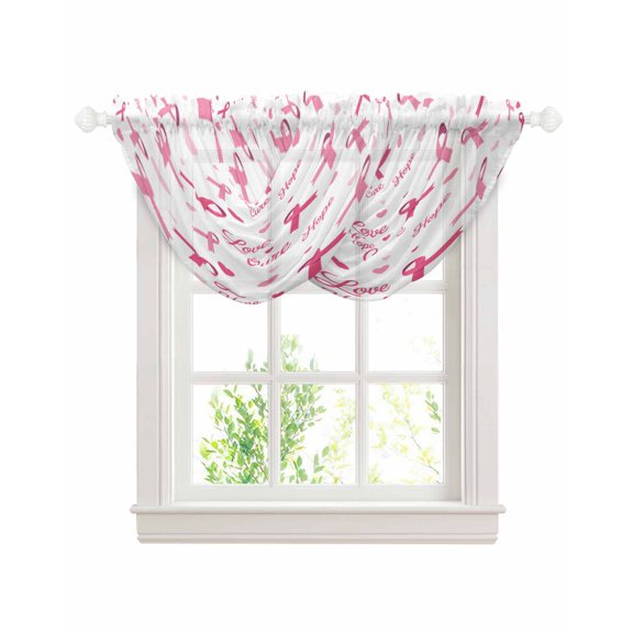 Pink Ribbon Sheer Waterfall Valance Curtains for Window, Love Heart Vintage Preppy Rod Pocket Sheer Topper Swag Curtains for Living Room, Kitchen 38.5"W x 47.2"L, 2 Panels