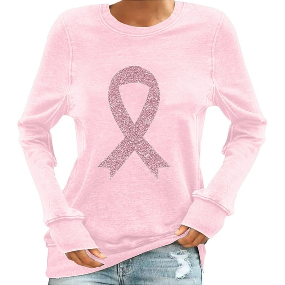 Pink Ribbon Shirt for Women Breast-Cancer Support T-Shirts Long Sleeve Crew Neck Pullover Shirts