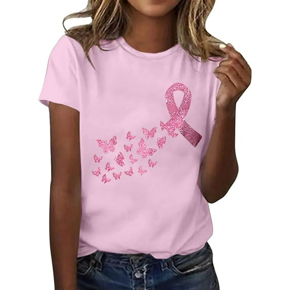 Pink Ribbon Shirts for Women Cancer Awareness Short Sleeve Crew Neck Tops Inspirational Casual Relaxed Fit Tees Z007-Pink XL