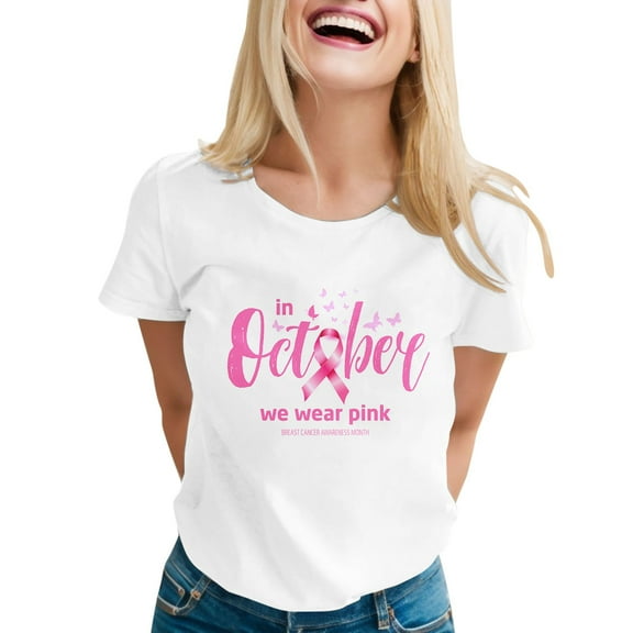 Pink Ribbon Shirts for Women Cancer Awareness Short Sleeve Tees Inspirational Cancer Tops