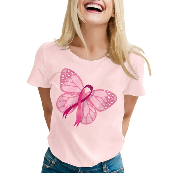 Pink Ribbon Shirts for Women Cancer Awareness Short Sleeve Tees Inspirational Cancer Tops