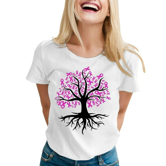 Pink Ribbon Shirts for Women Cancer Awareness Short Sleeve Tees Inspirational Cancer Tops