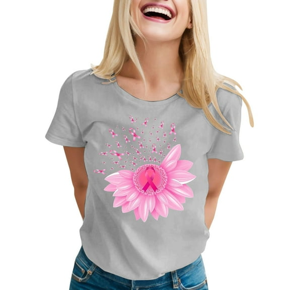 Pink Ribbon Shirts for Women Breast Cancer Awareness Short Sleeve Tees Inspirational Breast Cancer Tops