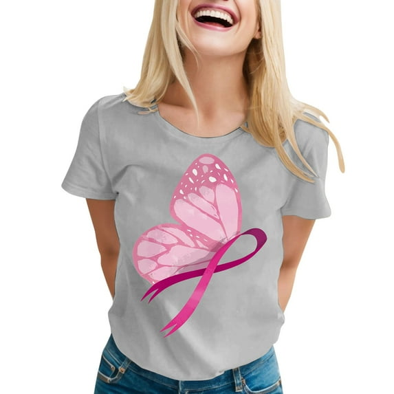 Pink Ribbon Shirts for Women Cancer Awareness Short Sleeve Tees Inspirational Cancer Tops