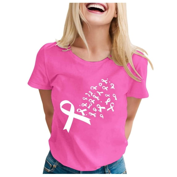 Pink Ribbon Shirts for Women Cancer Awareness Tshirts Ribbon Graphic Print Tee Inspirational Cancer Tops