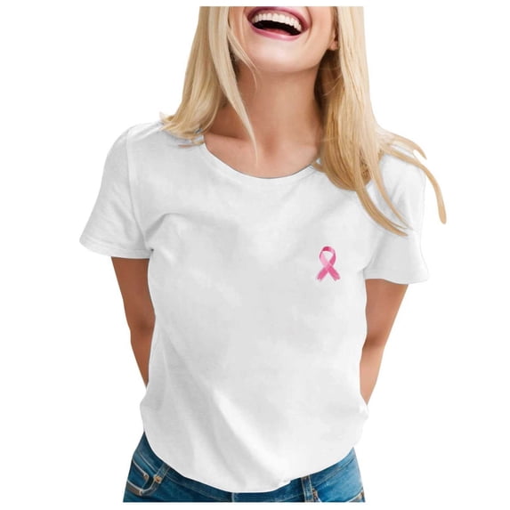 Pink Ribbon Shirts for Women Cancer Awareness Tshirts Ribbon Graphic Print Tee Inspirational Cancer Tops