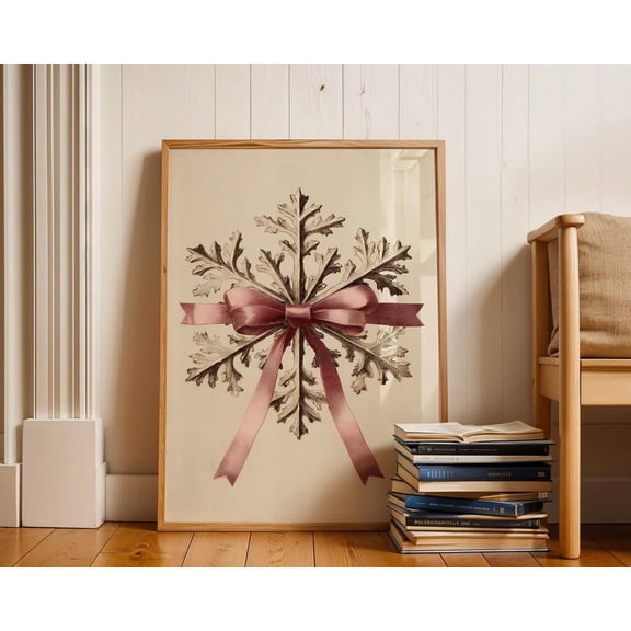 Pink Ribbon Snowflake Wall Art, Vintage Winter , Elegant Decor, Classic Gold Snowflake Illustration, Feminine Winter Art Home Decor #884, Stretched Canvas Size 8x12